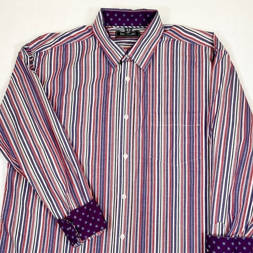 BOGARI Men's Purple Multi-Colored Striped Flip Cuff Western Button Down Size L